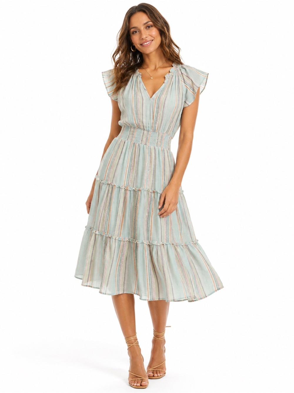 Rails Amellia Pastel Stripe Linen Blend Tiered Midi Dress Size S Cottagecore